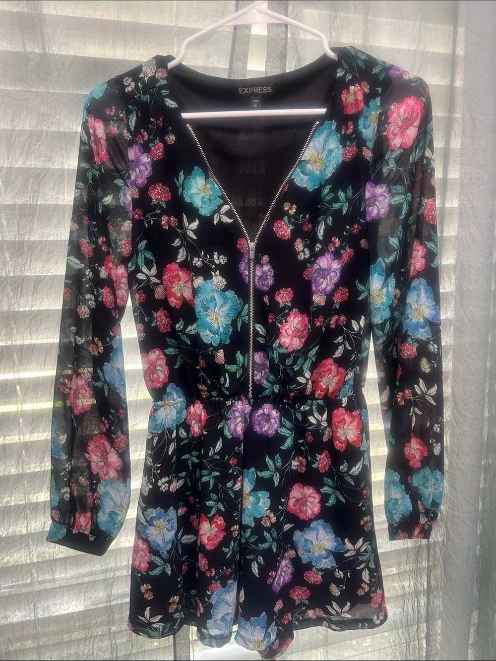 Express Black Floral Long-Sleeve Romper with Zip Front